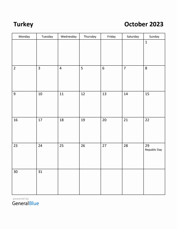 October 2023 Calendar with Turkey Holidays