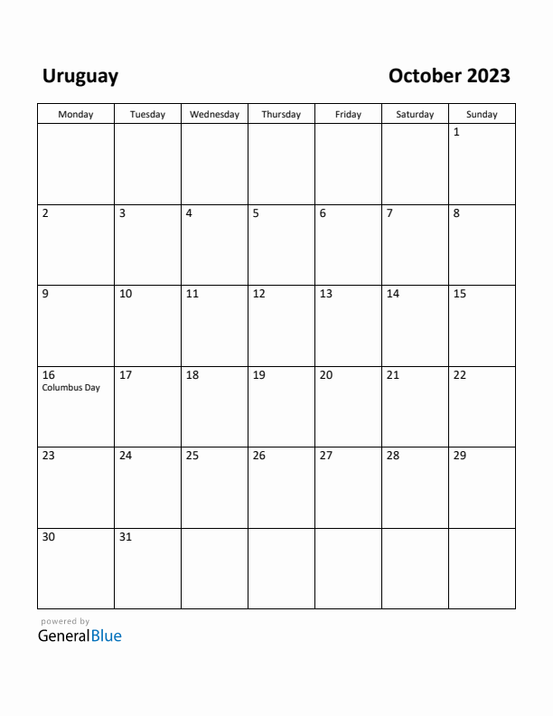 October 2023 Calendar with Uruguay Holidays