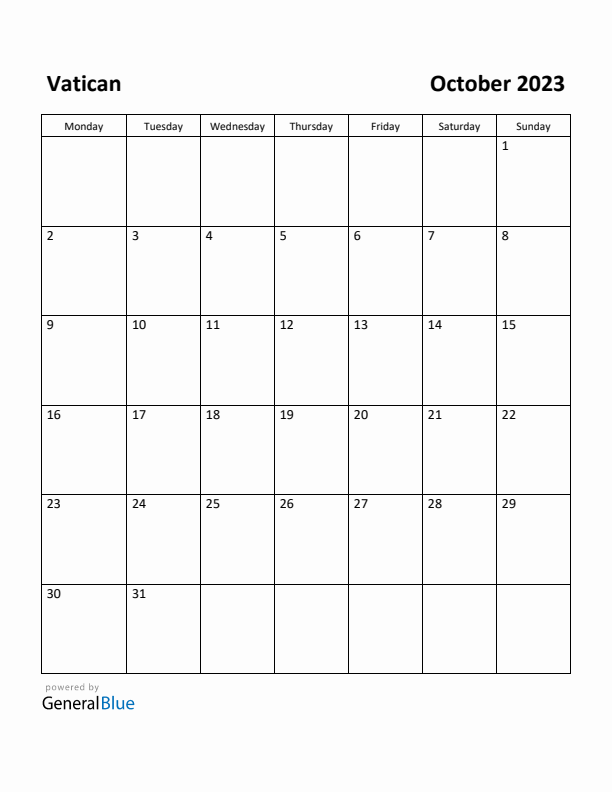 October 2023 Calendar with Vatican Holidays