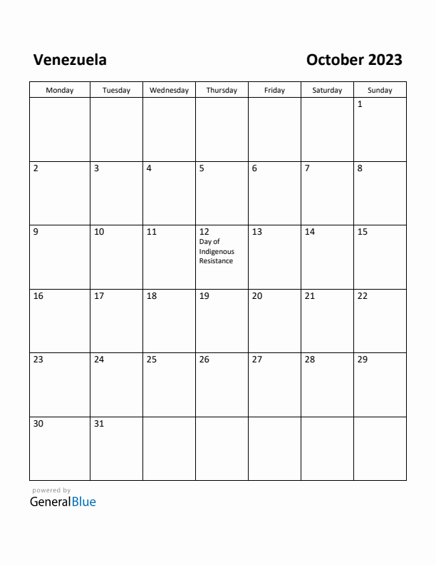 October 2023 Calendar with Venezuela Holidays