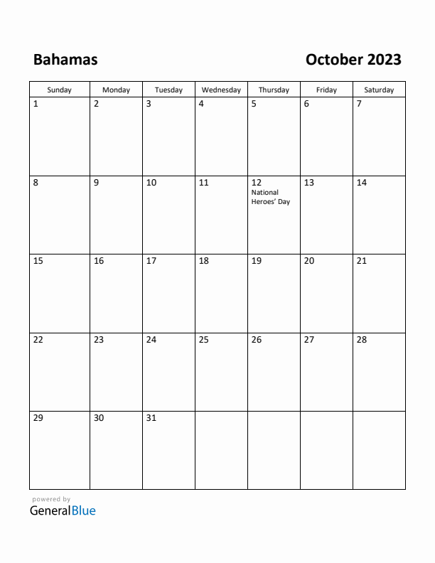 October 2023 Calendar with Bahamas Holidays