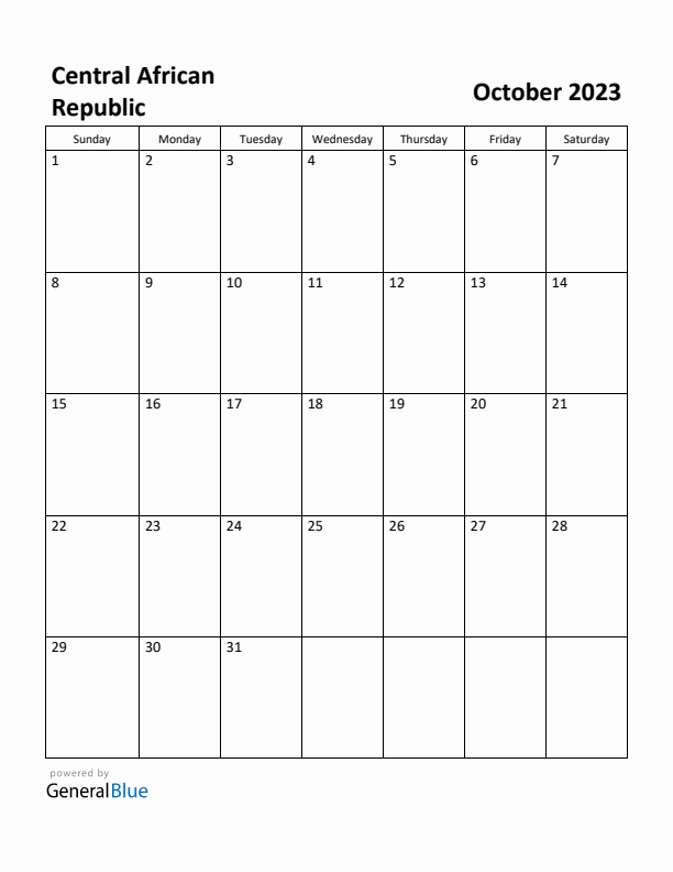 October 2023 Calendar with Central African Republic Holidays