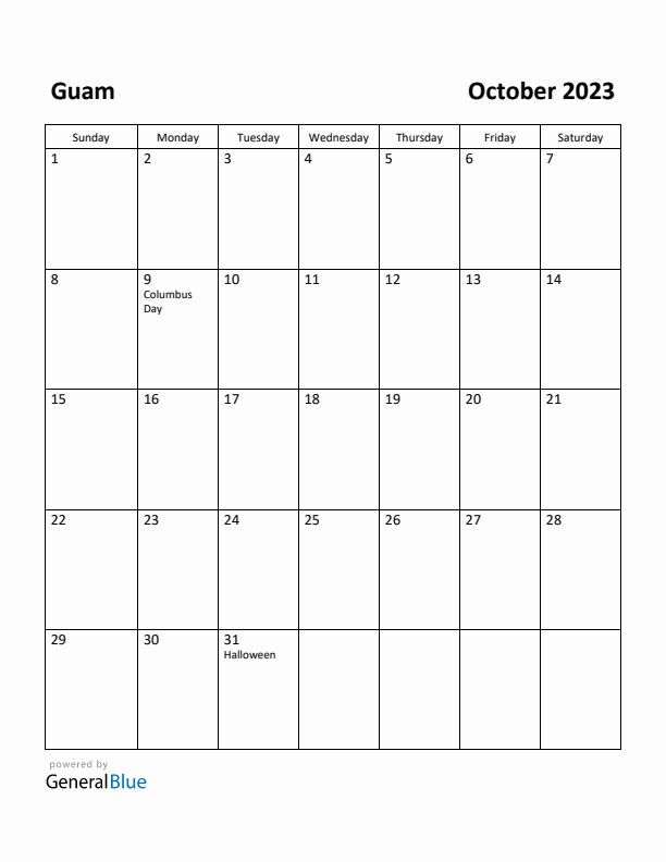 October 2023 Calendar with Guam Holidays