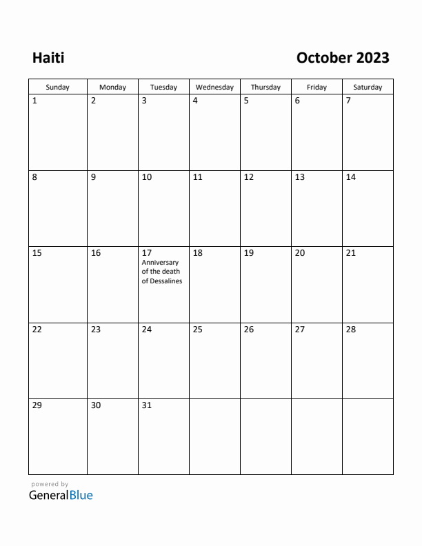 October 2023 Calendar with Haiti Holidays