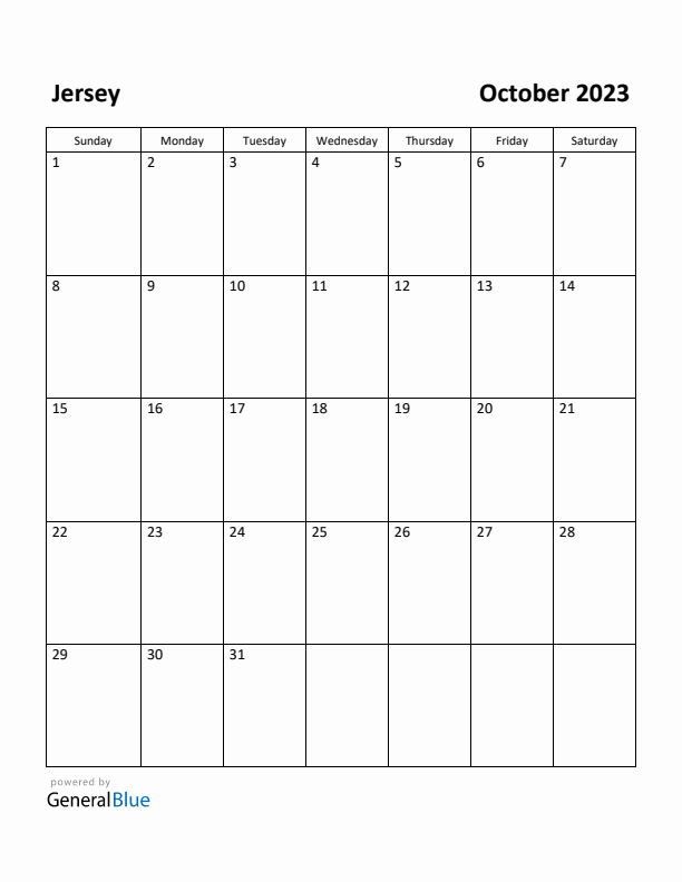 October 2023 Calendar with Jersey Holidays