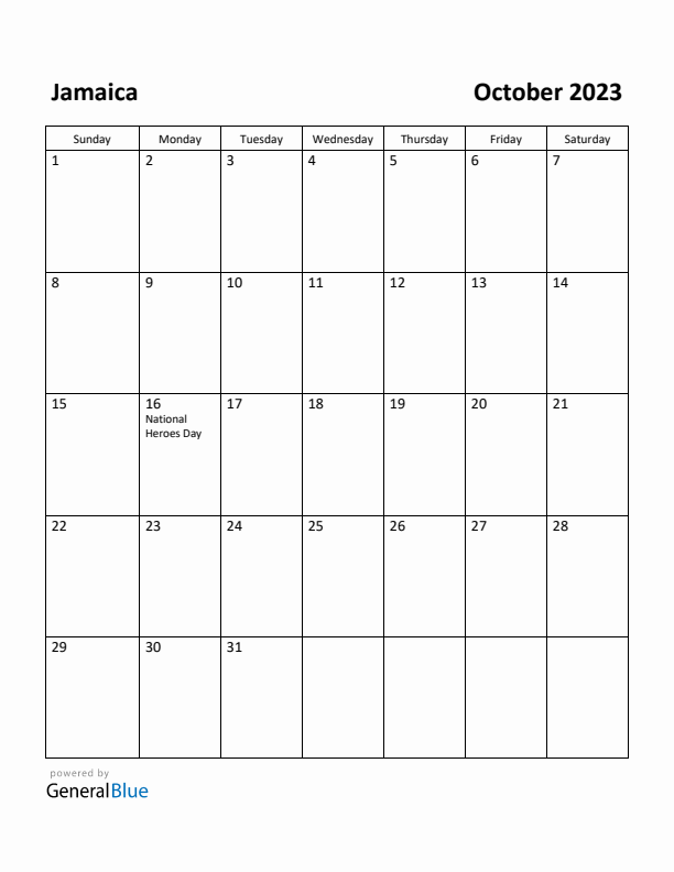 October 2023 Calendar with Jamaica Holidays