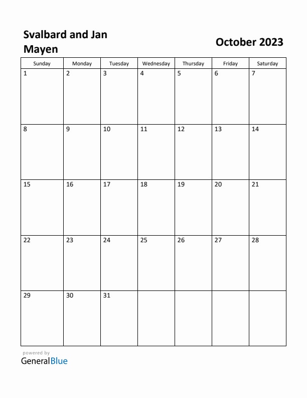 October 2023 Calendar with Svalbard and Jan Mayen Holidays