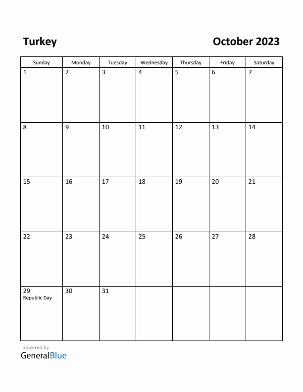 October 2023 Calendar with Turkey Holidays