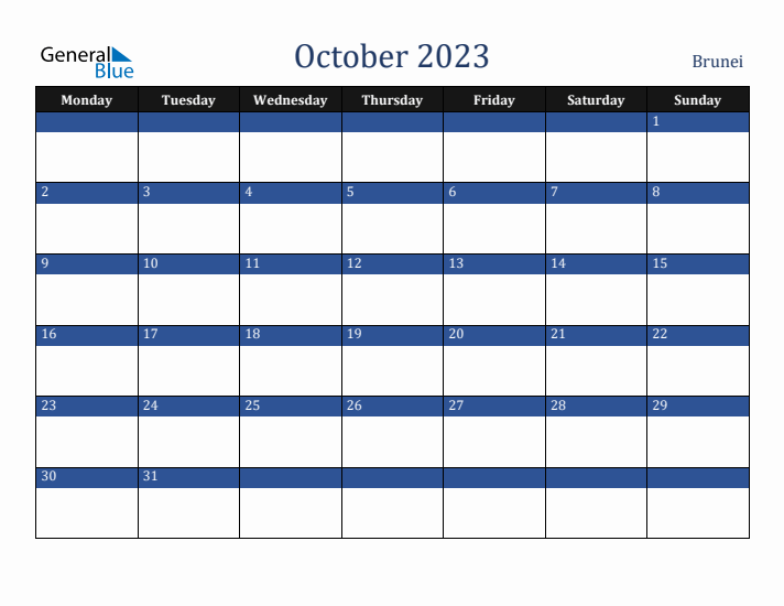 October 2023 Brunei Calendar (Monday Start)