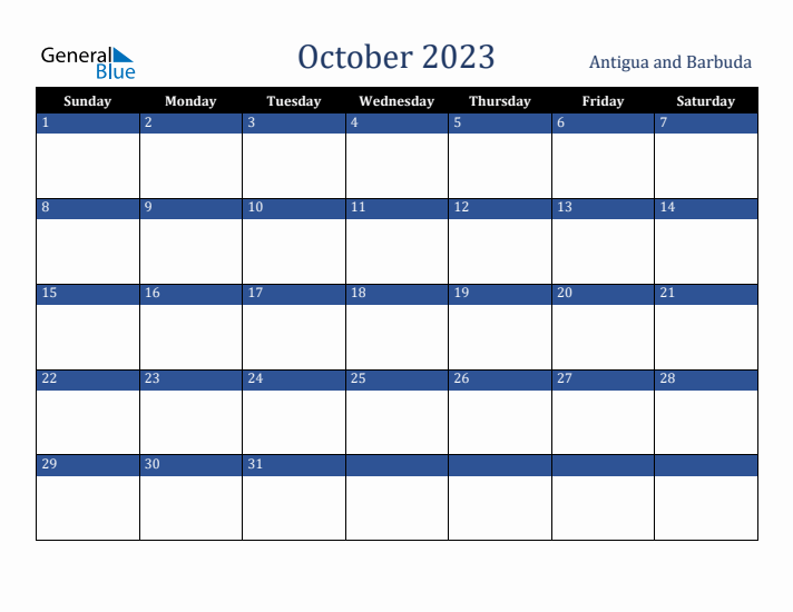 October 2023 Antigua and Barbuda Calendar (Sunday Start)