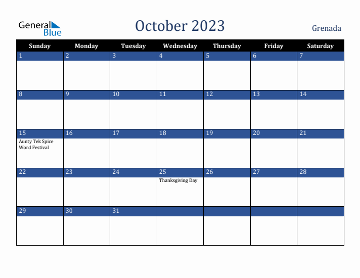 October 2023 Grenada Calendar (Sunday Start)