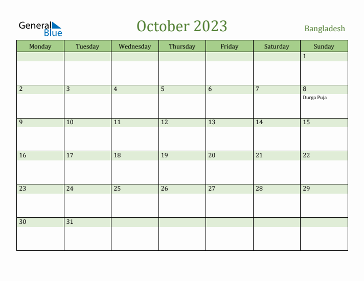 October 2023 Calendar with Bangladesh Holidays