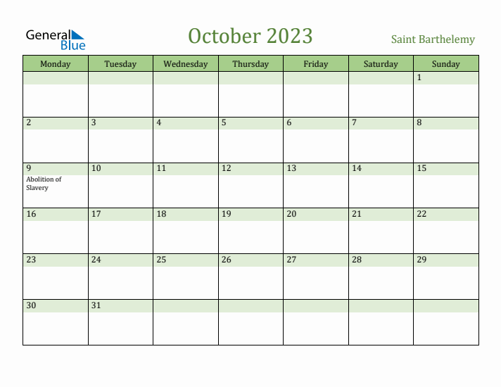 October 2023 Calendar with Saint Barthelemy Holidays