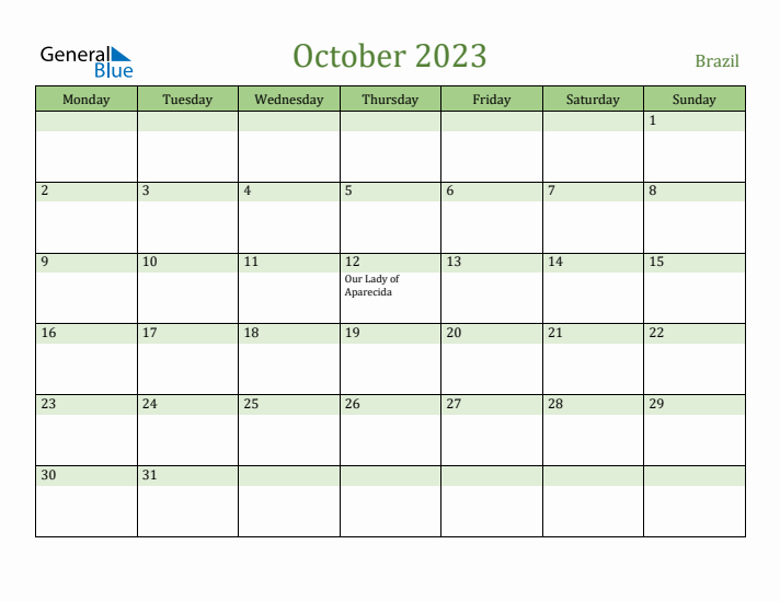 October 2023 Calendar with Brazil Holidays