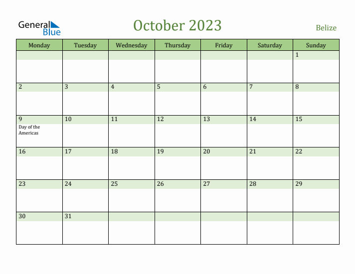 October 2023 Calendar with Belize Holidays