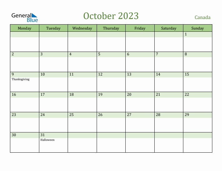 October 2023 Calendar with Canada Holidays