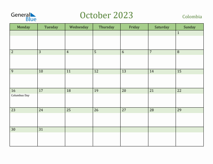 October 2023 Calendar with Colombia Holidays