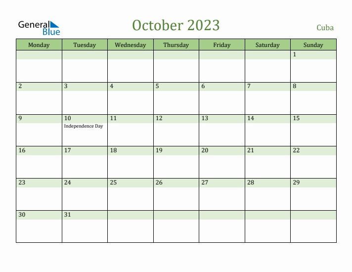 October 2023 Calendar with Cuba Holidays