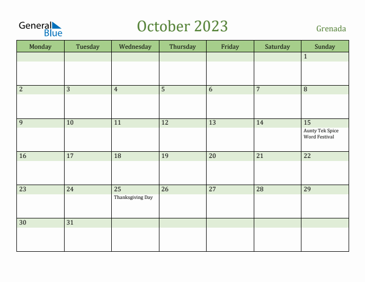 October 2023 Calendar with Grenada Holidays