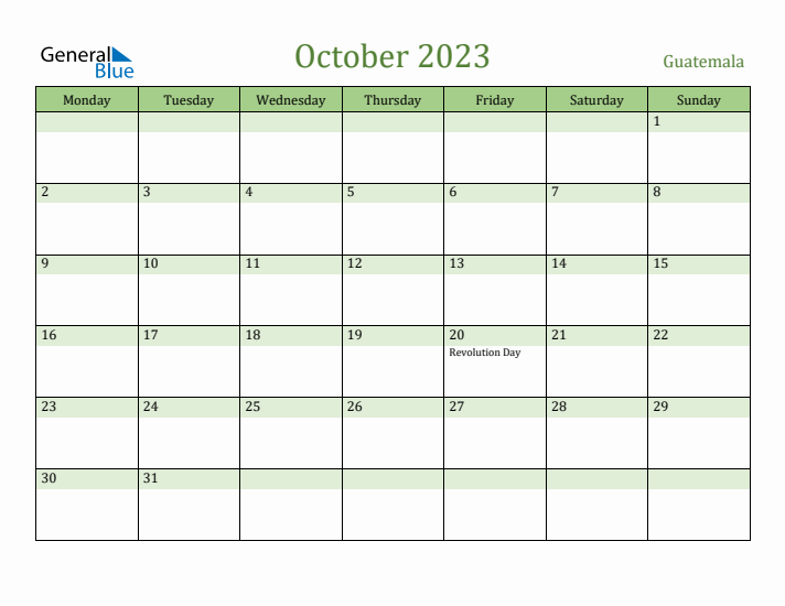 October 2023 Calendar with Guatemala Holidays