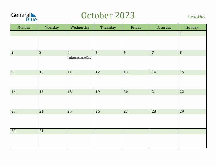 October 2023 Calendar with Lesotho Holidays