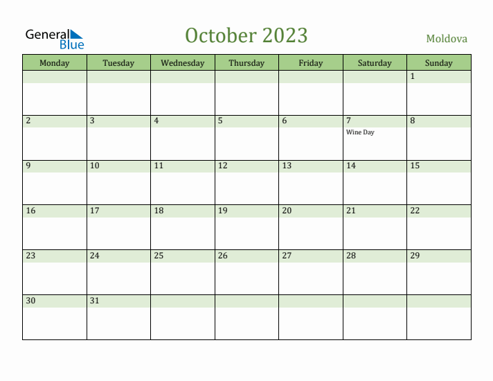 October 2023 Calendar with Moldova Holidays