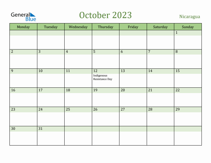 October 2023 Calendar with Nicaragua Holidays