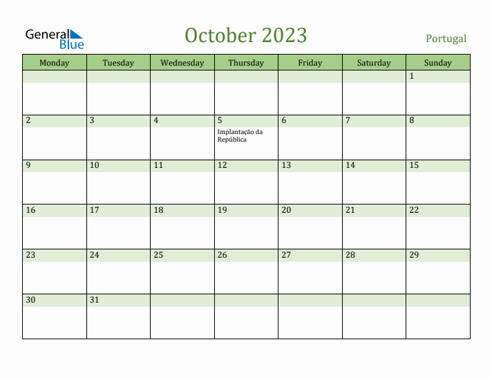 October 2023 Calendar with Portugal Holidays