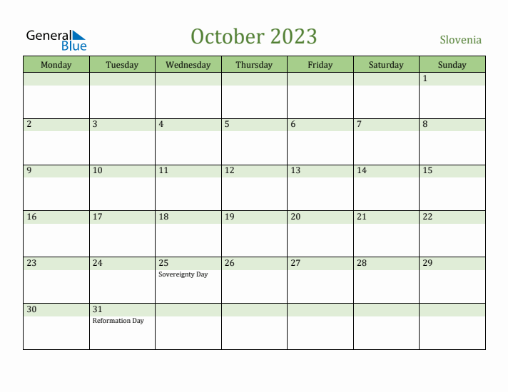 October 2023 Calendar with Slovenia Holidays