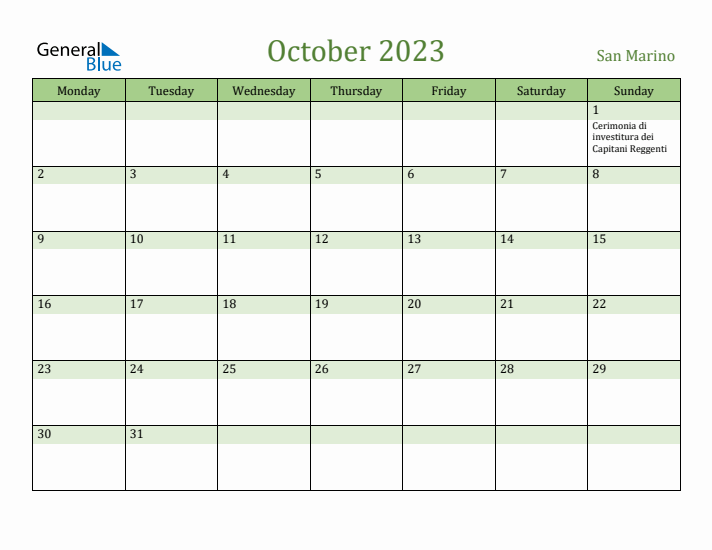 October 2023 Calendar with San Marino Holidays