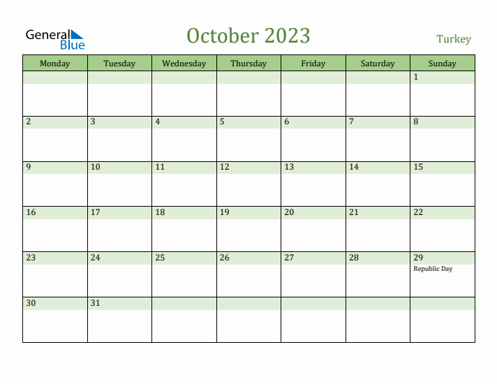 October 2023 Calendar with Turkey Holidays