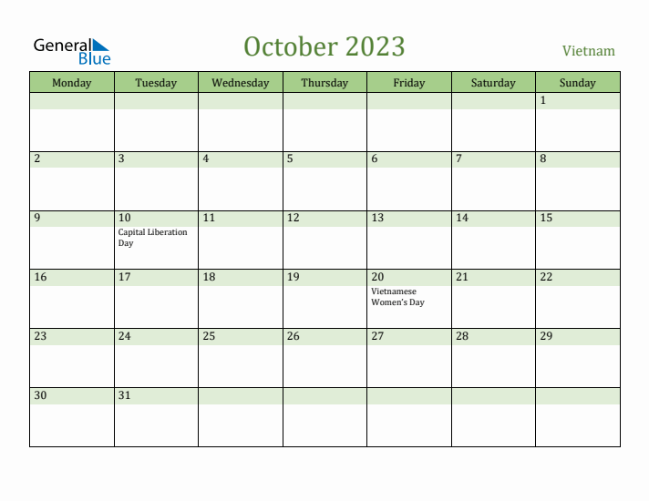 October 2023 Calendar with Vietnam Holidays