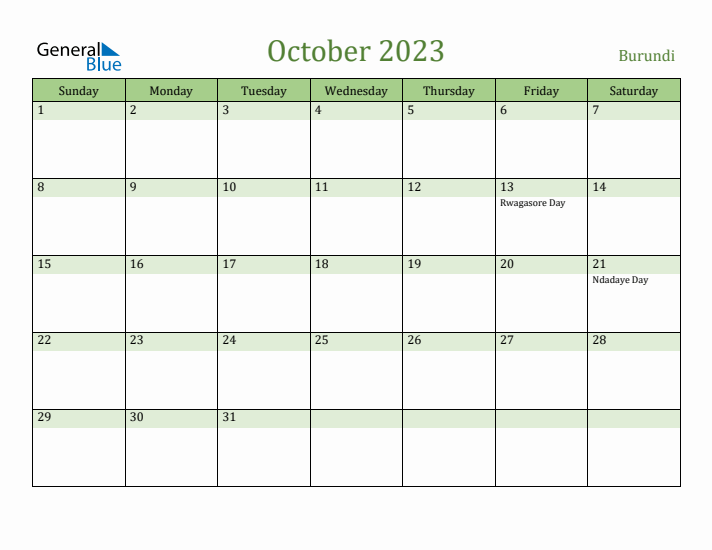 October 2023 Calendar with Burundi Holidays