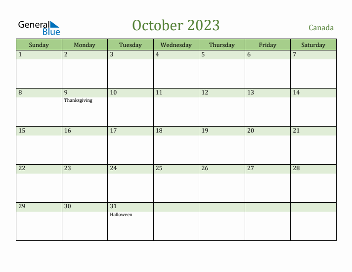 October 2023 Calendar with Canada Holidays