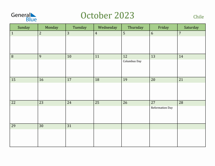 October 2023 Calendar with Chile Holidays