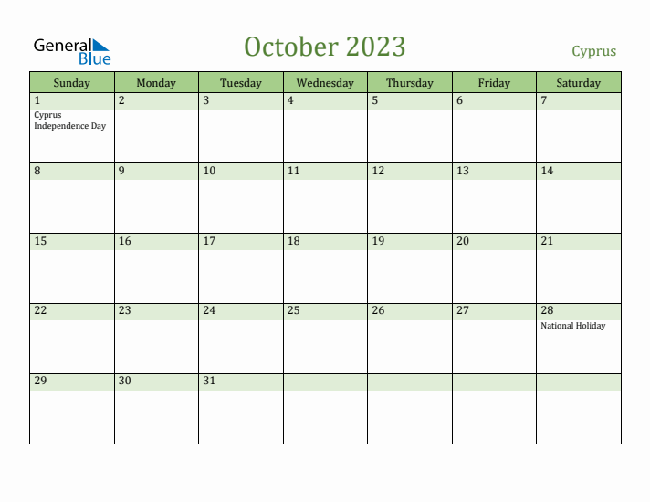 October 2023 Calendar with Cyprus Holidays