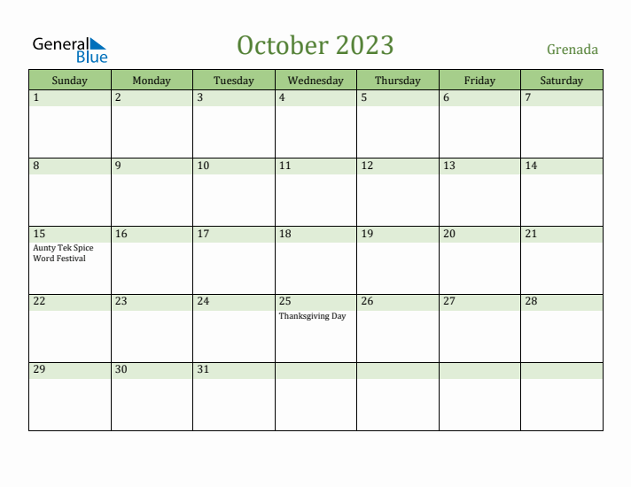 October 2023 Calendar with Grenada Holidays