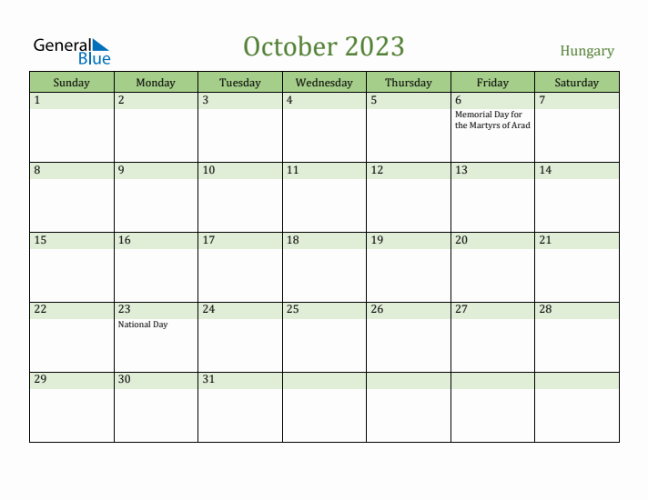 October 2023 Calendar with Hungary Holidays