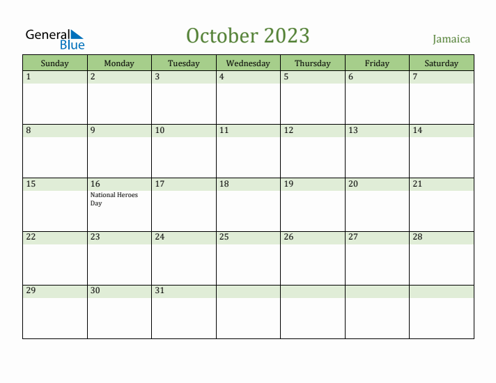 October 2023 Calendar with Jamaica Holidays