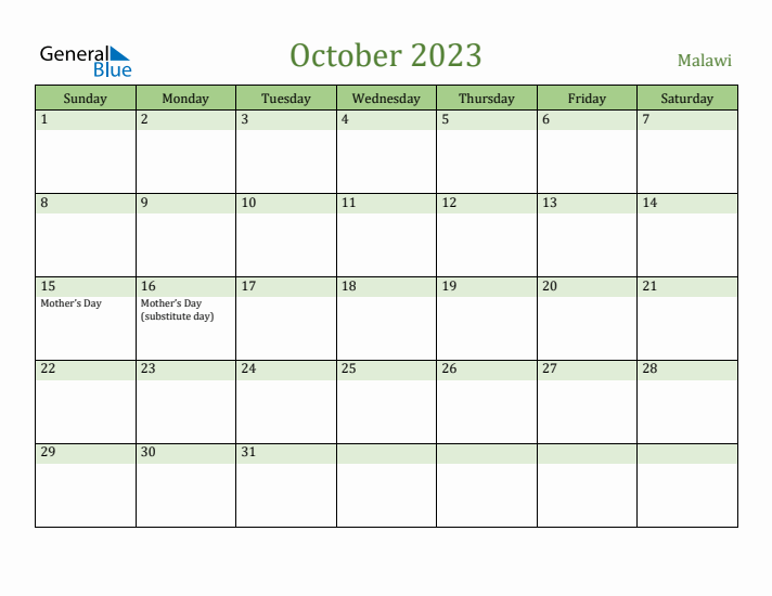 October 2023 Calendar with Malawi Holidays