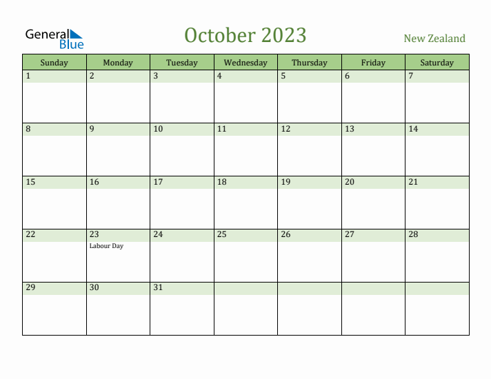 October 2023 Calendar with New Zealand Holidays