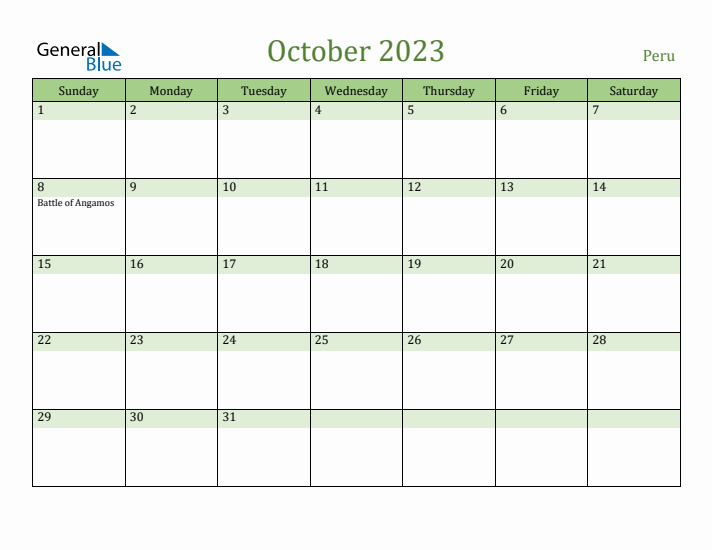 October 2023 Calendar with Peru Holidays