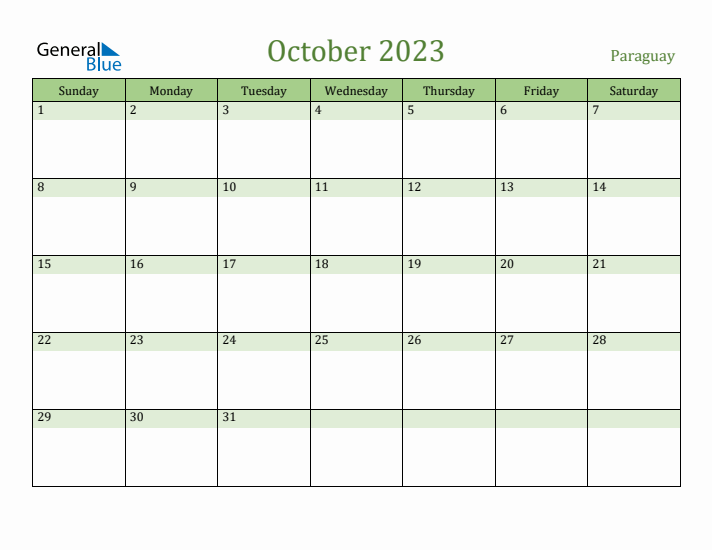 October 2023 Calendar with Paraguay Holidays