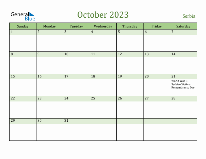 October 2023 Calendar with Serbia Holidays