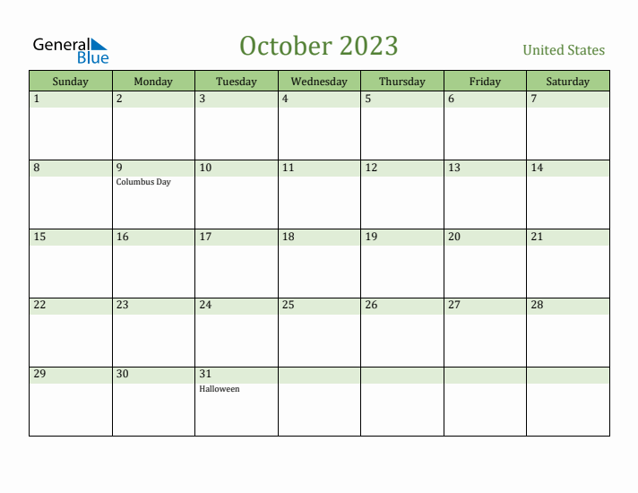 October 2023 Calendar with United States Holidays