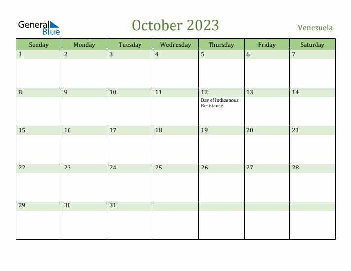 October 2023 Calendar with Venezuela Holidays