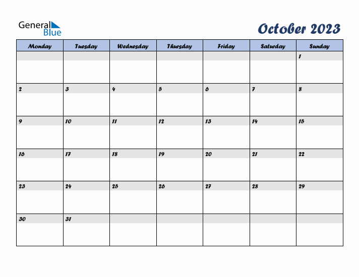 October 2023 Blue Calendar (Monday Start)