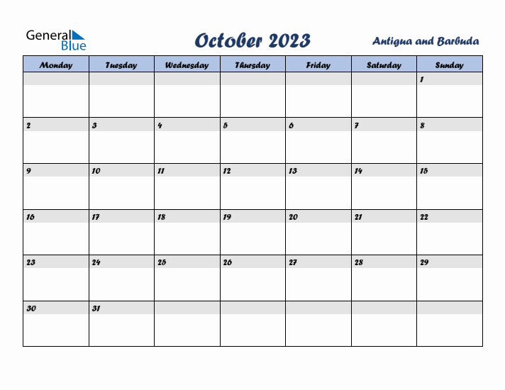 October 2023 Calendar with Holidays in Antigua and Barbuda