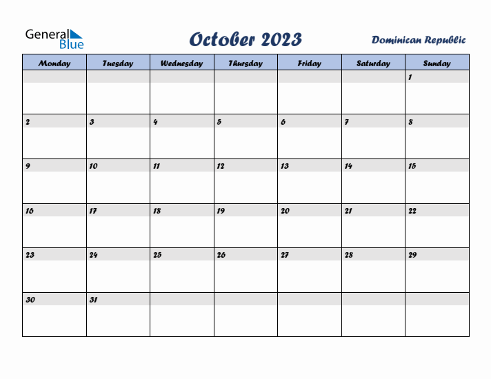 October 2023 Calendar with Holidays in Dominican Republic