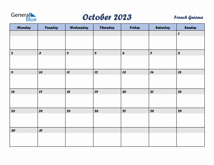 October 2023 Calendar with Holidays in French Guiana